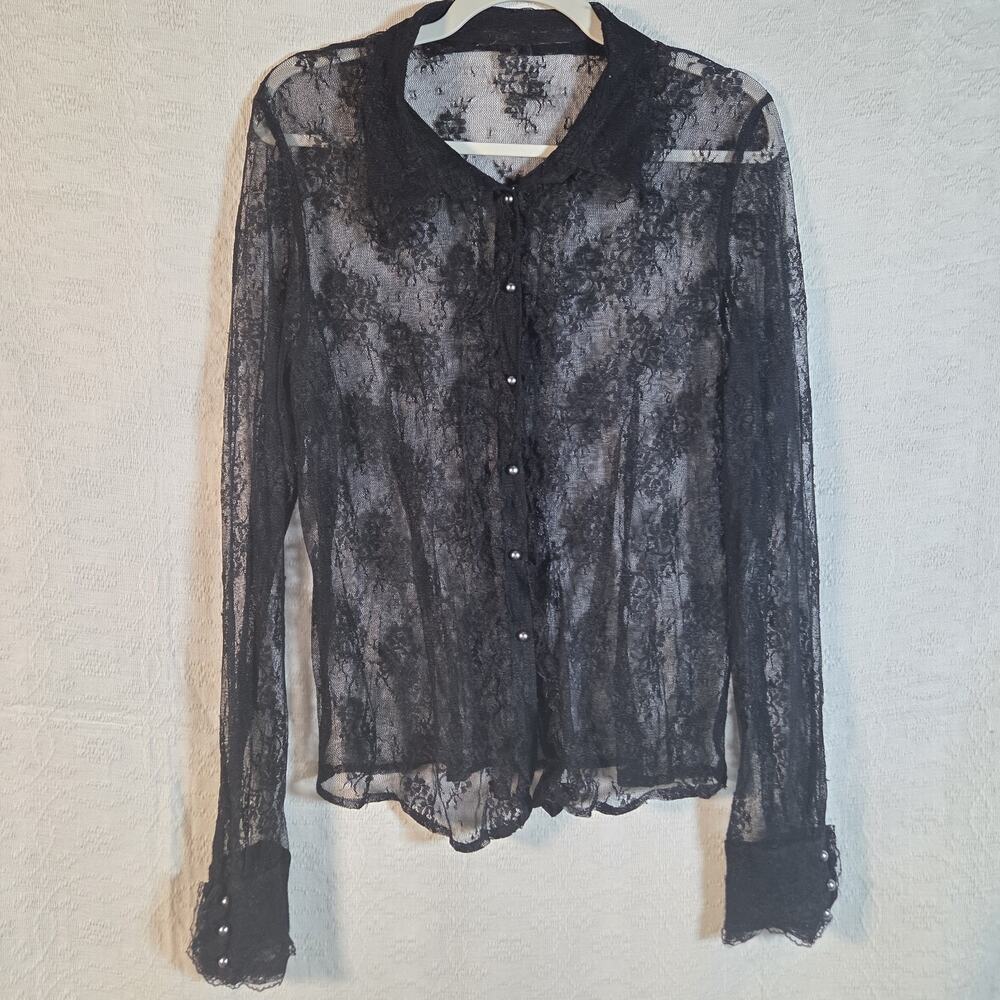 Y2k Black Lace Whimsygoth‎ Fairygrunge Long Sleeve Button Down Blouse
